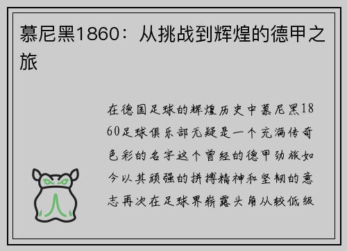 慕尼黑1860：从挑战到辉煌的德甲之旅