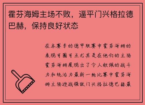 霍芬海姆主场不败，逼平门兴格拉德巴赫，保持良好状态